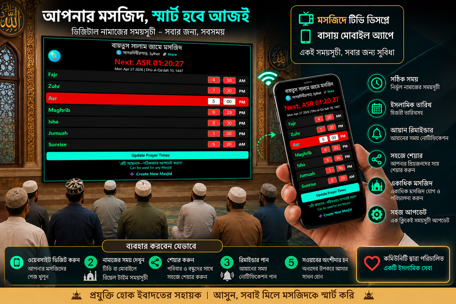 Mosque prayer time board showing daily salah schedule
